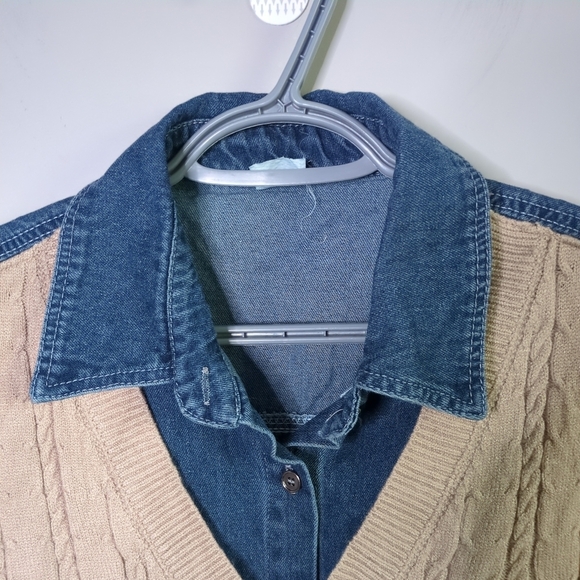 1990 Embroidered Patch Knit Sweater Vest Denim Shirt Combo Size Medium - Picture 3 of 7